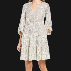 Eliza J Long Sleeve Sequin Dress in Silver NWT Sz 20W